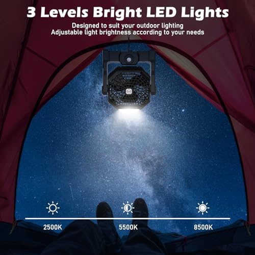 Camping Fan Rechargeable, 10400mAh Portable Battery Operated Camping Fan for Tents, Hangable USB Silent Camping Fans with LED Lantern, Suitable for Fishing, Camping, Bedroom, Workplace (Black) - Image 5