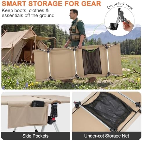 Height Adjustable Camping Cot, 350lbs Heavy-Duty Aluminum Frame, Khaki - Image 4