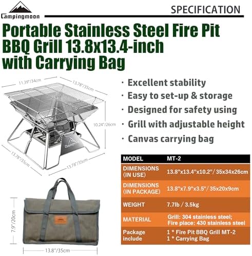 CAMPINGMOON Portable Campfire BBQ Grill 14 Inch Stainless Steel Folding Fire Pit Wood Burning Adjustable Height Outdoor Cooking RV Camping Carry Bag MT-2 - Image 2