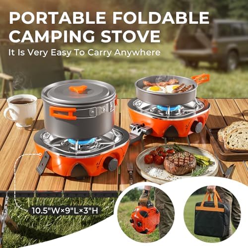 20000 BTU Propane Camping Stove with Cookware Set & Carry Bag Orange - Image 3
