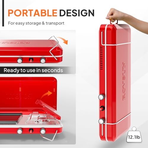 ROVSUN 2-in-1 Portable Camping Stove & Propane Grill with Enamel Griddle & Piezo Igniter, Tabletop Camp Stove with Built-in Handle, Wind Panel & Regulator for Camping, Tailgating, Grilling (Red) - Image 5