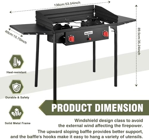 Bestfire 150,000 BTU 2 Burner Propane Camping Stove with Auto Ignition, Windpanel, Portable Outdoor Gas Cooker with Removable Legs, Side Shelves for Camping, BBQ - Image 6