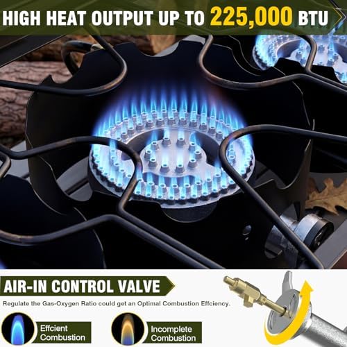 BESTFIRE 3 Burner Camping Stove, 225,000 BTU Propane Stove with Detachable Windscreen, Removable Legs & 20 PSIG Regulator&Octagonal Auxiliary Shelf&Ignition wire for Outdoor Cooking, Canning, BBQ - Image 3