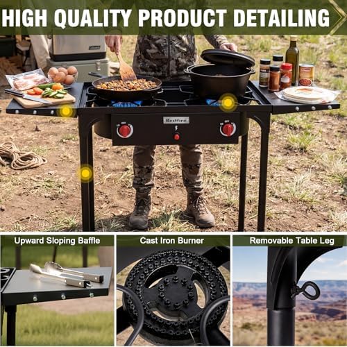 Bestfire 2 Burner Propane Camping Stove with 2 Side Shelves,Safer & Convenient Auto Ignition,150,000 BTU High Pressure,CSA-Certified, 30s Tool-Free Setup, Portable, Estufa De Gas Portatil - Image 4