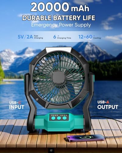 Portable Rechargeable Fan, 20000mAh Battery Powered Camping Fan with LED Light & Hook, 270° Adjustable, 4-Speed, 4H Timer Camping Essentials for Outdoor Tent Travel BBQ Car_Blue - Image 5