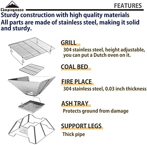 CAMPINGMOON Portable Campfire BBQ Grill 14 Inch Stainless Steel Folding Fire Pit Wood Burning Adjustable Height Outdoor Cooking RV Camping Carry Bag MT-2 - Image 3