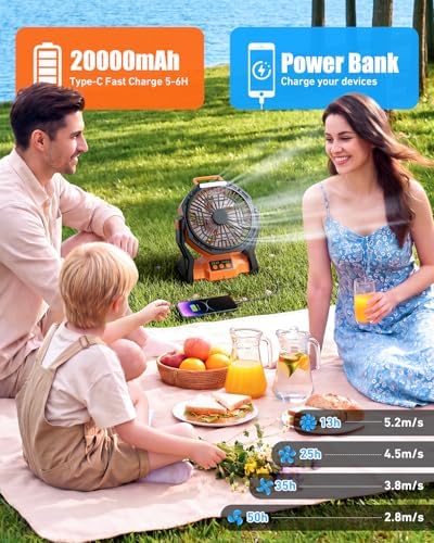 Camping Fan Rechargeable, 20000mAh Battery Powered Fan with LED Light & Hook, Portable Fans Rechargeable for Indoor, Outdoor, Tent, Travel, Jobsite, Fishing, Gifts for Men Dad - Image 2