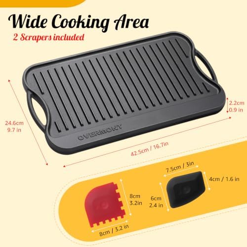 OVERMONT 17" x 9.8" Reversible Cast Iron Griddle, Double Burner Pan - Image 5
