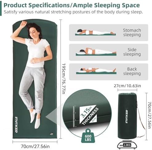 INVOKER Camping Sleeping Pad, Self-Inflating, 75 x 24 x 3.15 in, Green - Image 5