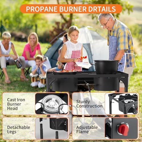 2 Burner Gas Stove, High Pressure Outdoor Propane Burner with Detachable Legs, 150,000 BTU Camping Stove Outdoor Burner with 0-20 PSI Regulator for Camping, Backyard, Outdoor Cooking - Image 4