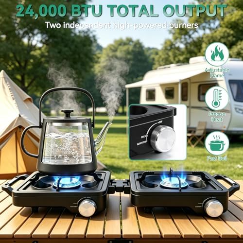 2 Burner Camp Stove 24000 BTU, Portable Propane Camping Stove with Windshield, Foldable Gas Stove with Adjustable Burners, Carry Bag, Camping Cooking Set for RV, Tailgating, Survival, Black - Image 2