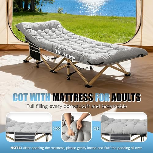 HABUTWAY Camping Cots for Adults, 600lbs Capacity, Folding Camping Cot with Mattress, Sleeping Cots for Adults with Carry Bags for Travel,Beach,Patio,Home Office,Nap Time - Image 3