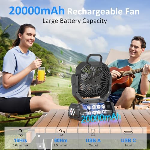 Honesorn 20000mAh Camping Fan Rechargeable with LED & Light Remote, Black - Image 2