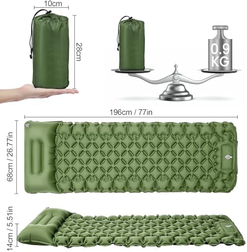 Sleeping Pad, Ultralight 40D Nylon Camping Mat Built-in Pump - Green - Image 5