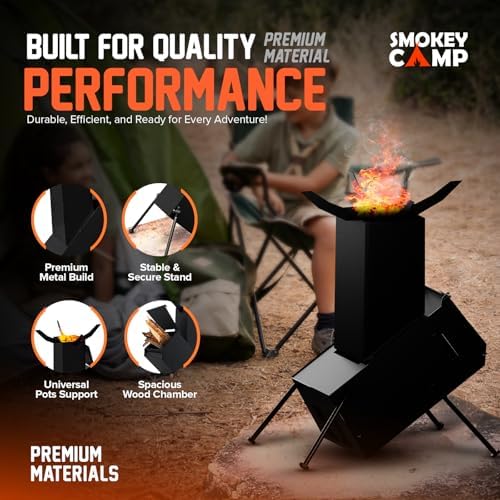 Rocket Stove for Camping Heavy Duty Wood Burning Stove with Adjustable Legs, Portable Wood Burning Fire Camping Stove, Cooking Camping Grilling Outdoor Backyard BBQ Stove with Storage Bag, Rod, Gloves - Image 6