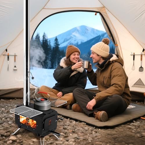 Tent Stove Portable Camping Stove Black Wood Burning Stove Tent Heater for Tents Shelter Heating Outdoor Camping, With Chimney Pipes and Carrying Bag - Image 2