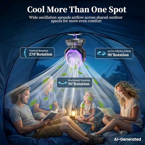 AJVV Camping Fan with Light, Remote and Oscillation, Battery Powered Hanging Tent Fan, Rechargeable Portable for Camp, Outdoor, Emergencies, Fishing, RV Travel, Jobsite - Image 3