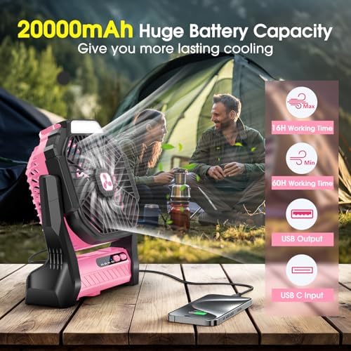 Peouix Portable Rechargeable Fan, 20000mAh Cordless Battery Powered Camping Tent Fans with LED Lantern, Operated Outdoor Ventiladores for Travel Camp Fishing Office Home Essentials - Image 2