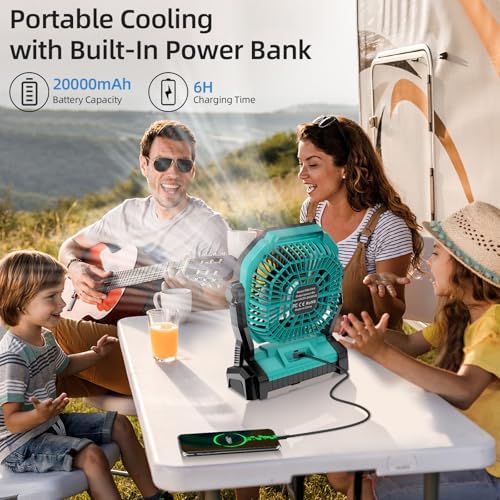 Camping Fan Rechargeable, 20000mAh Battery Powered Portable Fan with LED Light, 4-Speed 180° Adjustable, Camping Essentials for Tent, Travel, Car, Outdoor, Indoor, BBQ, Fishing, Jobsite - Blue - Image 6