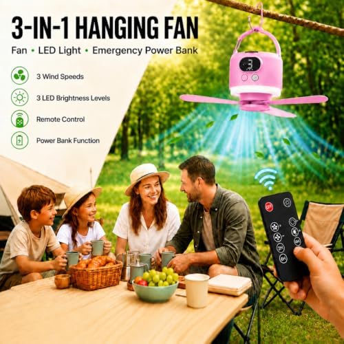 Camping Tent Fan with Light, Rechargeable Hanging Fan with Remote (Pink) - Image 2