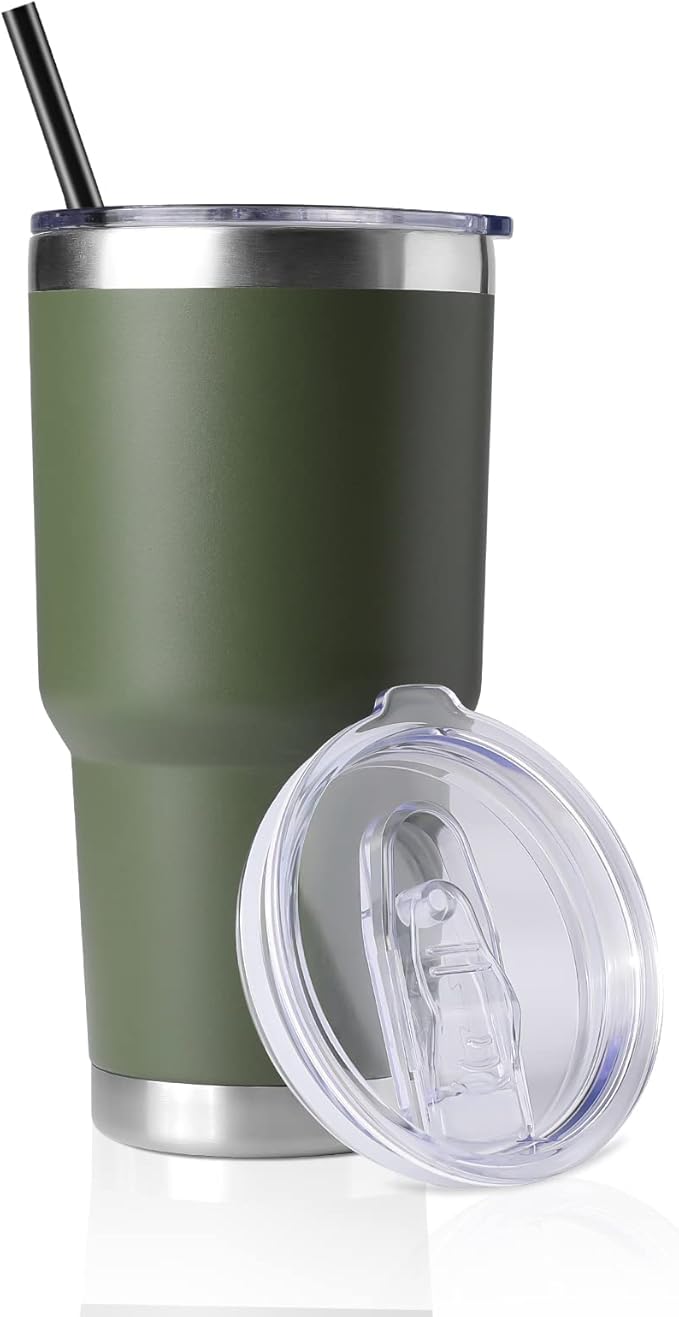 DOMICARE 30 oz Tumbler with Lid and Straw, Stainless Steel Tumblers Bulk, Insulated Vacuum Double Wall Travel Coffee Mug, Durable Powder Coated Tumbler Cup (Army Green, 1) by VisittheDOMICARE