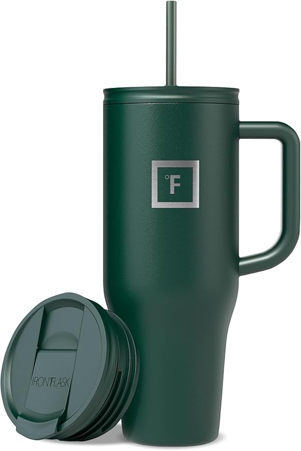 IRON °FLASK Co-Pilot 40 oz Insulated Tumbler with Straw & Flip Cap Lids - Cup Holder Bottle for Hot or Cold Drink - Leak-Proof, Double Walled - Water, Coffee Portable Travel Mug - Dark Pine by IronFlask