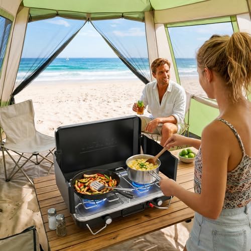 ROVSUN 2 Burner Portable Camping Stove with Igniter, 20000 BTU Propane Camp Stove with Adapter, Built-in Handle & Foldable Wind Panel for Outdoor Camping, Tailgating, Grilling - Image 7