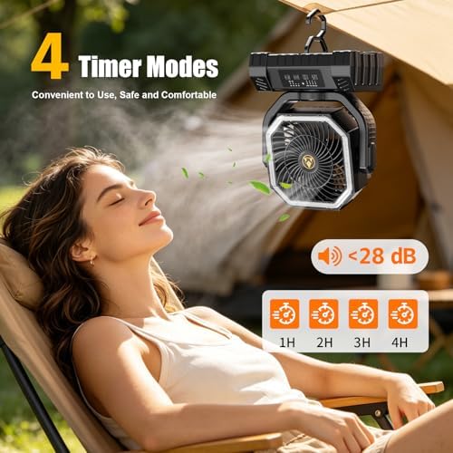 Camping Fan Rechargeable - 20000mAh Cordless Battery Powered Portable Fan with LED Lantern, Remote Auto Oscillating Wireless Fan USB Rechargeable Tent Fan for Travel Outdoor Cooling Car Home (Black) - Image 5