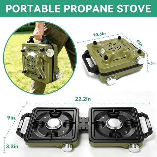 2 Burner Portable Propane Camping Stove Kit, 24000 BTU Foldable Hiking Stove with Frying Pan, Pot, Windshield & Carry Bag, Outdoor Cookware Camp Cooking Set for Tailgating, BBQ, Picnic, Green - Image 4
