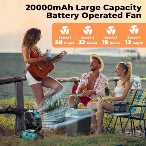 Camping Fan - 20000mAh Battery Powered Fan Rechargeable with LED Lantern - Portable Outdoor Tent Fans with Hanging Hook 4 Speeds Wind Remote Control, Blue - Image 4
