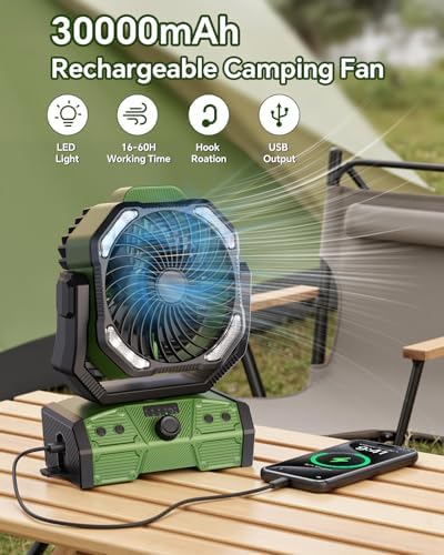 Camping Fan with Remote, 30000mAh Rechargeable Battery Operated Tent Fans with LED Light & Hook, Quiet USB-C Fan for Outdoor Camping, Power Outage, Car, Travel(Green) - Image 2