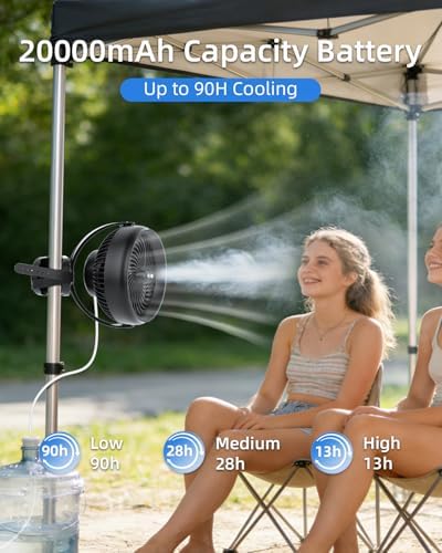 ATEngeus 20000mAh Misting Fan with Clip, 8'' Portable Clip on Fan Battery Operated, 3 Speeds, 3 Mist Modes, Hook, Silicone strap, Max 90H Runtime for Golf Cart, Canopy, Camping Essentials - Image 2