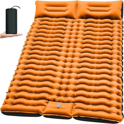 Yuzonc Double Sleeping Pad for Camping, 4" Extra Thick Self-Inflating Air Mattress - 2 Person Inflatable Camping Mat with Built-in Foot Pump & Pillow, Backpacking Hiking Tent Travel-Orange by Yuzonc