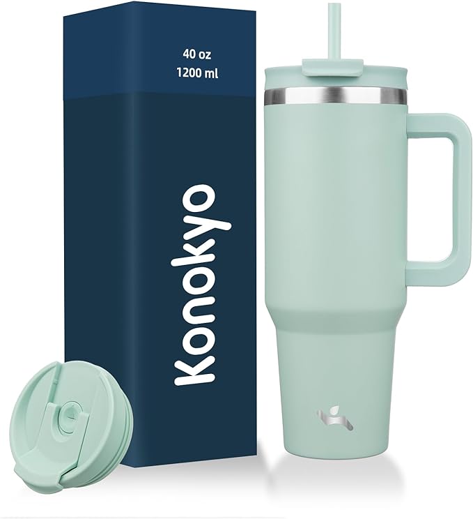 Konokyo 40 oz Tumbler with Handle and 2 Straws,2 in 1 Lid Insulated Water Bottle Stainless Steel Travel Coffee Mug,Retro Green by Konokyo