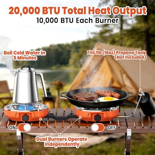 Cofiyard 20,000 BTUs 2 Burner Propane Camping Stove, Portable Folding Camp Stove with Adjustable Burners, Regulator and Carrying Bag, Dual Gas Stoves Easy Carrying Handle for Tailgating, Camping, BBQ - Image 4