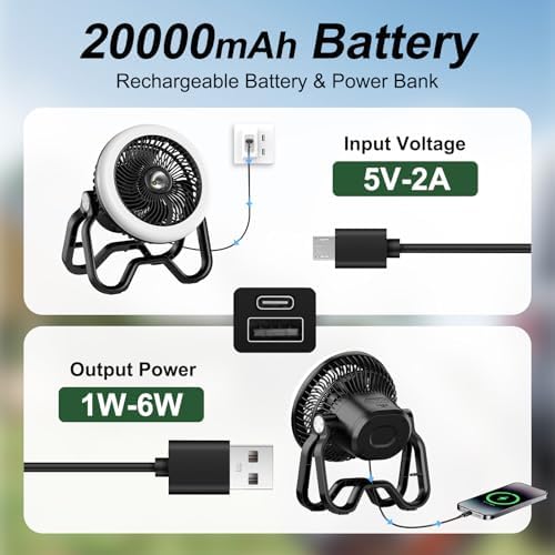 Portable Fan Rechargeable Camping Lantern-40Hrs,20000mAh Cordless Battery Operated Oscillating Fan with Remote,Hanging Hook and Magnetic Base, 3 Speeds for Tents, Outdoor, RV, Outage - Image 5