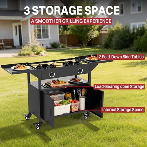 2 Burner Propane Camping Stove Outdoor|150000 BTU|Side Shelf with Cabinet - Image 6