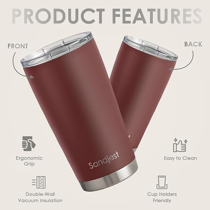 SANDJEST Stainless Steel Tumbler 20 oz, Double Wall Vacuum Insulated Mug with Lid, Travel Coffee Cup for Women Men Friends, Birthday Christmas (Mahogany Red) - Image 2