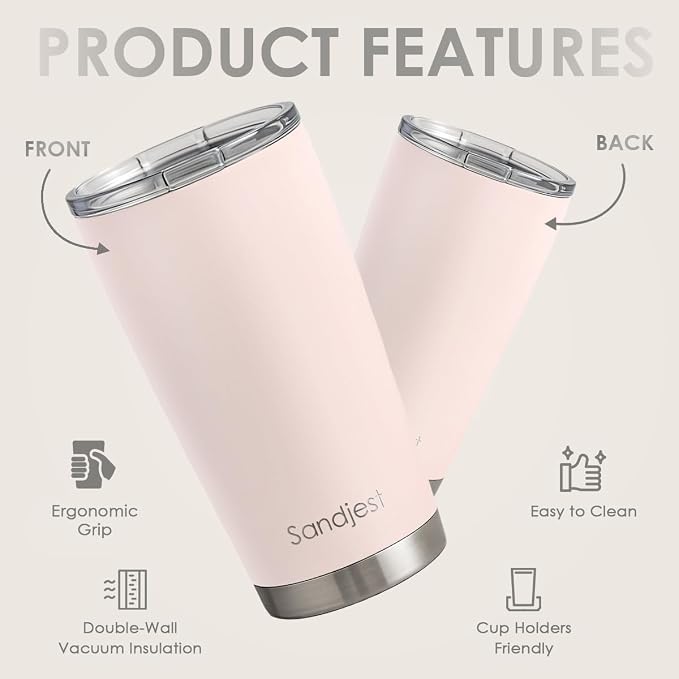 SANDJEST Stainless Steel Tumbler 20 oz, Double Wall Vacuum Insulated Mug with Lid, Travel Coffee Cup for Women Girls Friends Sisters, Birthday Christmas (Pale Pink) - Image 2
