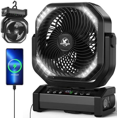 Camping Fan with Light - 20000mAh Rechargeable Battery Tent Fan, 112Hrs Max, 8 Speeds, Digital Display, Timer, Auto Oscillation, 270° Pivot & Hook for Garage, RV, Hurricane, Co-Branded with AMACOOL by KITWLEMEN
