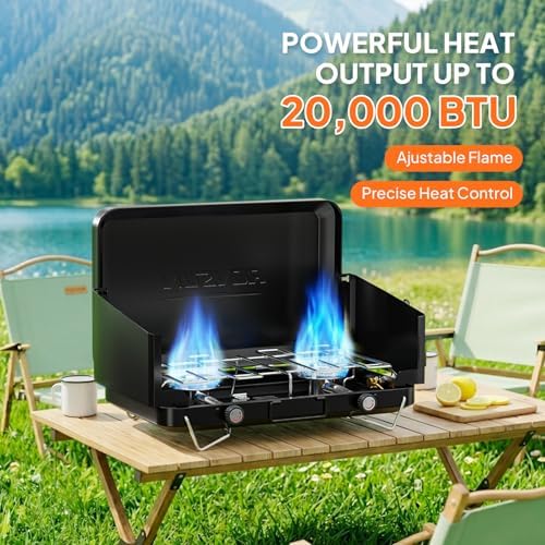ROVSUN 2 Burner Portable Camping Stove with Adapter, 20000 BTU Tabletop Propane Camp Stove with Built-in Handle & Foldable Wind Panel for Outdoor Camping, Tailgating, Grilling - Image 2