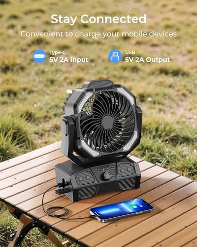 8” Portable Rechargeable Fan, Battery Operated Camping Fan with 27H Work Hours, Remote, Auto Oscillation, Timer, Hook for RV Tent Hurricane Emergency Black - Image 6