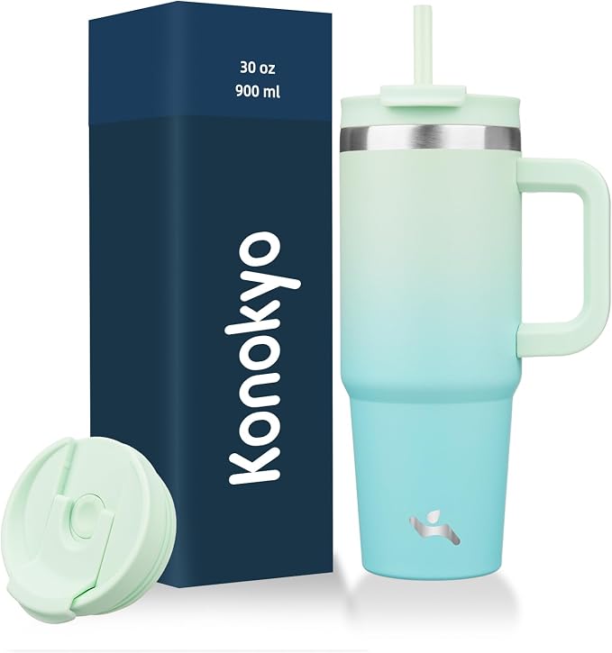 Konokyo 30 oz Tumbler with Handle and 2 Straws,2 in 1 Lid Insulated Water Bottle Stainless Steel Travel Coffee Mug,Mint by Konokyo