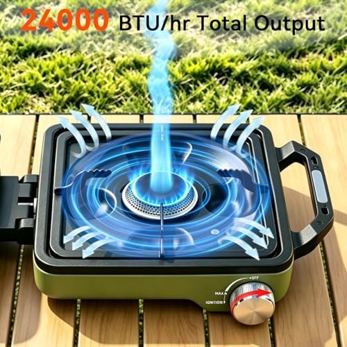 2 Burner Camping Stove with 2-In-1 Cookware Set, 24000 BTU Propane Gas Stove, Foldable Camp Stove with Frying Pan, Pot, Windshield & Carry Bag, Camping Essentials for Picnic, RV, Camp kitchen, Green - Image 2