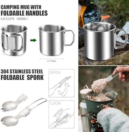 Odoland 8pcs Camping Cookware Mess Kit, Camping Pot and Pan Set with Mini Backpacking Stove, Stainless Steel Cup, Spork and Tank Bracket, Cooking Gear for Outdoor, Hiking, Picnic, Campfire - Image 6