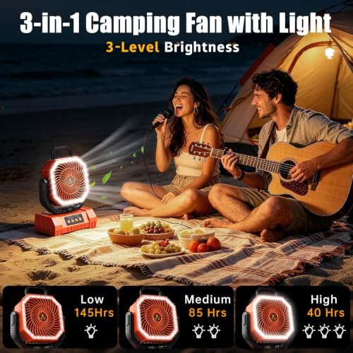 Camping Fan Rechargeable - 20000mAh Cordless Battery Powered Portable Fan with LED Lantern, Remote Auto Oscillating Wireless Fan USB Rechargeable Tent Fan for Travel Outdoor Cooling Car Home (Orange) - Image 4