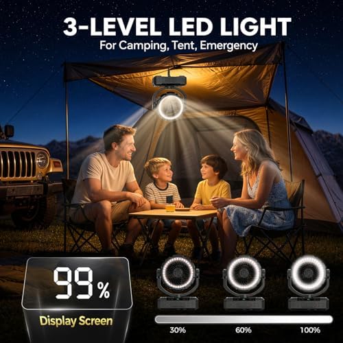 9-Inch Rechargeable Camping Fan 【Auto-Oscillating, Max 60H】20000mAh Portable Battery Powered Operated Fan,Light,Timer,Hook,Outdoor Tent Fans for Patios,Beach,Fishing,Emergency,Camping Gear Essentials - Image 5