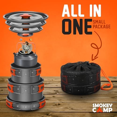Smokey Camp Camping Cookware Mess Kit Set with Stove - Backpacking Camping Pots and Pans Set, All in One Non-Stick Camping Cooking Set, Portable Stove, Hiking, Picnic, Outdoor & Camping Cookware Set - Image 2