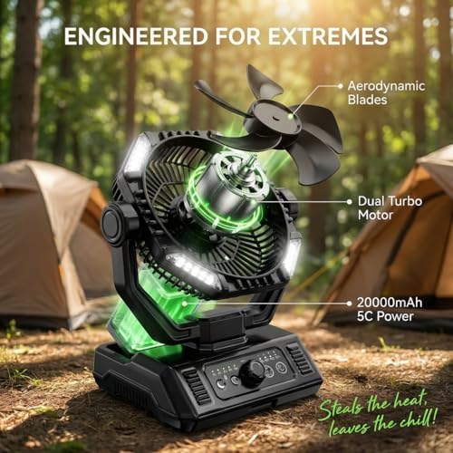 Rechargeable Camping Fan with 20000mAh Battery, 8-Speed Stepless Control, Remote, Auto Oscillating, Dual LED Light & Timer, Hanging Hook for Tent, Beach, Power Outage - Image 2