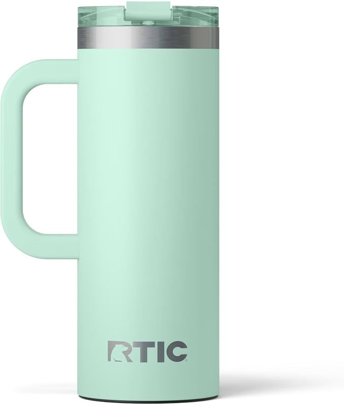 RTIC 20oz Road Trip Travel Mug with Lid and Handle, Ceramic Lined, Insulated, Stainless Steel, Metal, Double Wall Vacuum-Insulation, Portable Coffee, Tea Cup for Hot and Cold Drink, Fresh Mint by RTIC